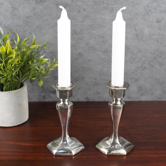 Pair of Vintage Silver Tone Art Deco Candle Holders 1930's Candle Stick Holders - Picture 2 of 16
